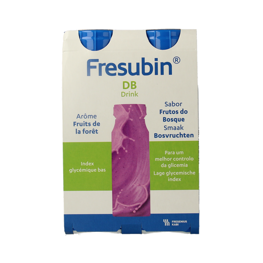 Fresubin DB drink bosvruchten, 200ml medical dietetic food, four bottles with fruit-flavored nutritional supplement.