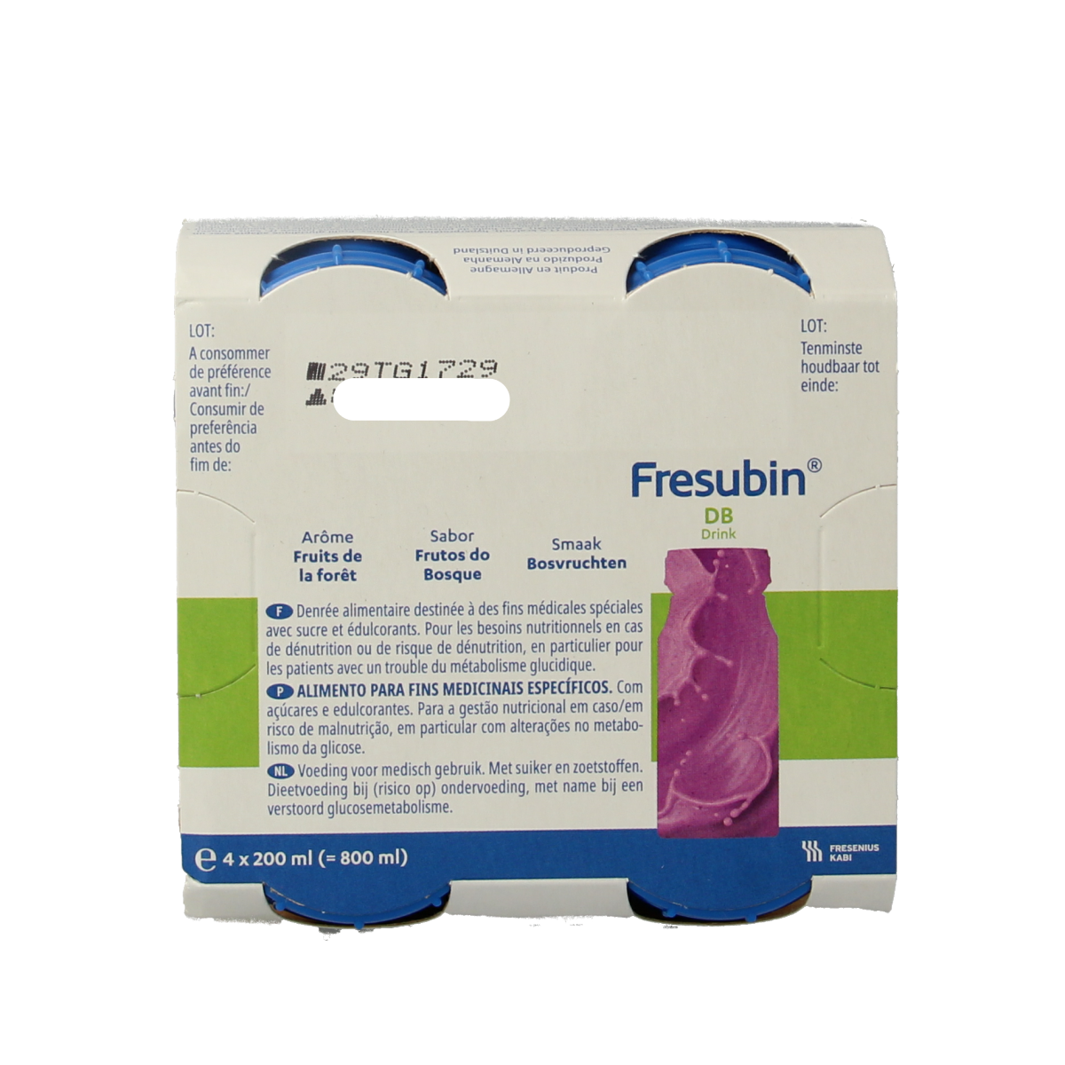 Fresubin DB drink bosvruchten medical diet food, 200ml bottles, pack of four, with fruit flavor and nutritional benefits.