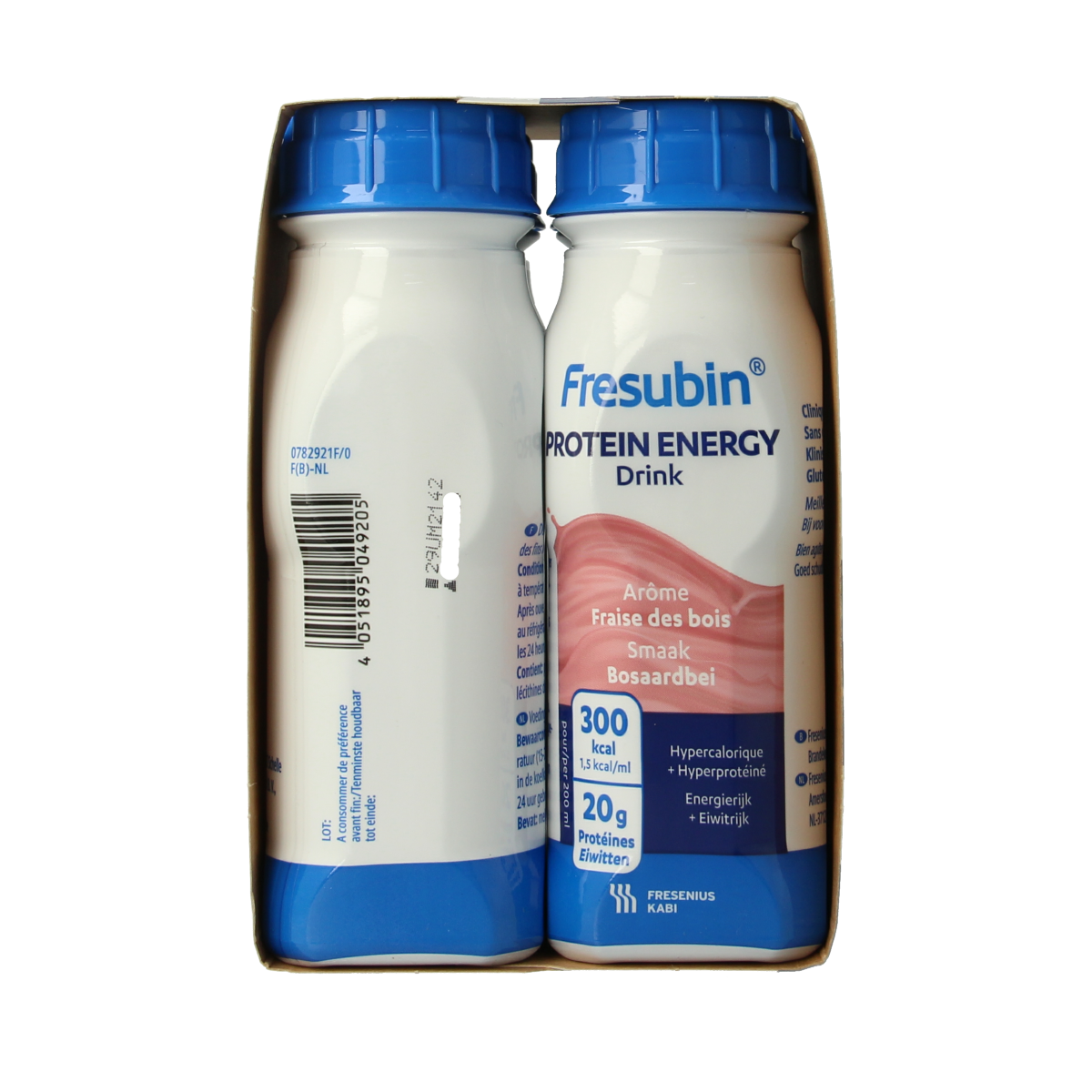 Fresubin Protein Bosaardbei medical diet supplement bottles, 200ml each, with strawberry flavor, 4-pack.