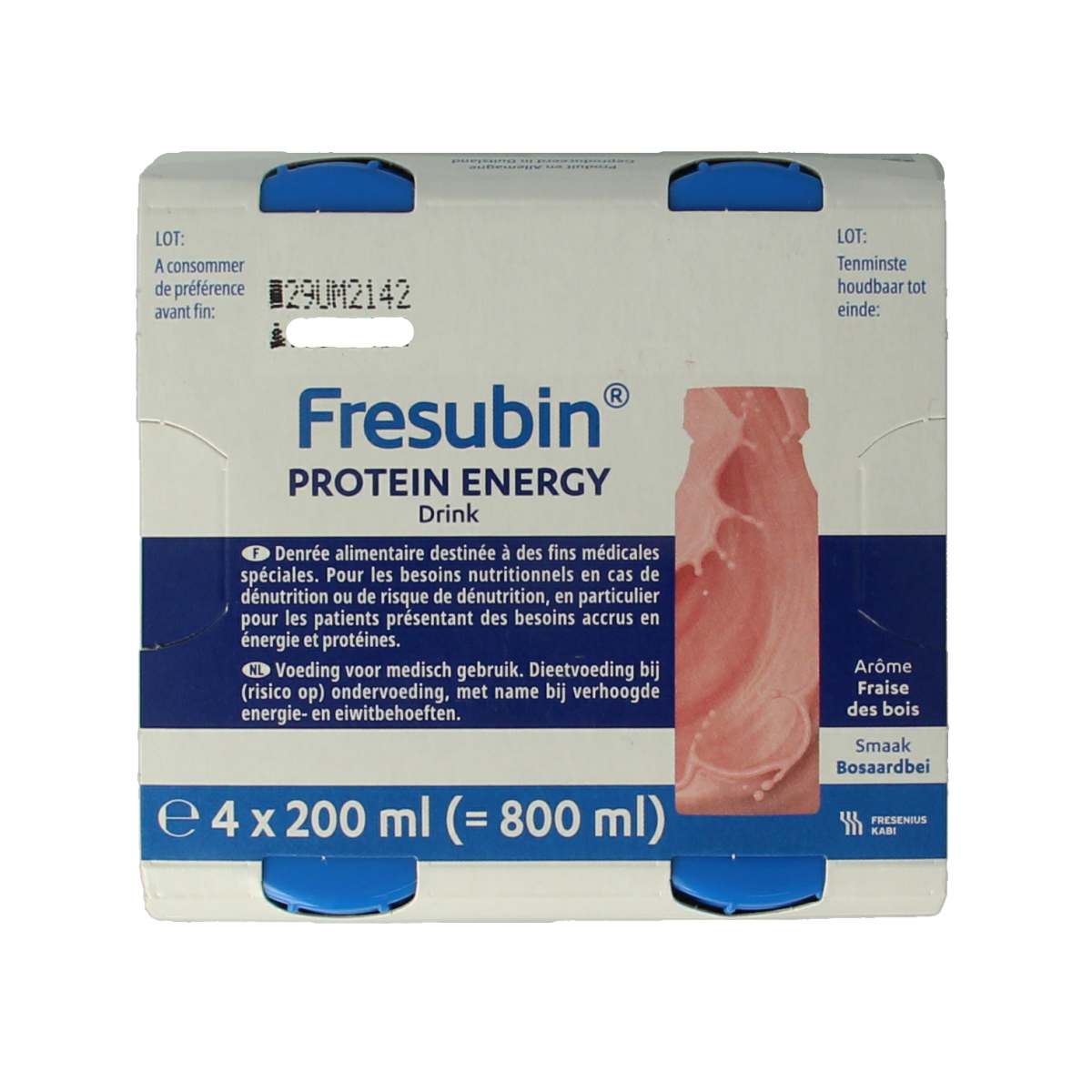 Fresubin Protein Bosaardbei 200ml medical diet food bottles, 4-pack, showing strawberry-flavored nutritional supplement containers