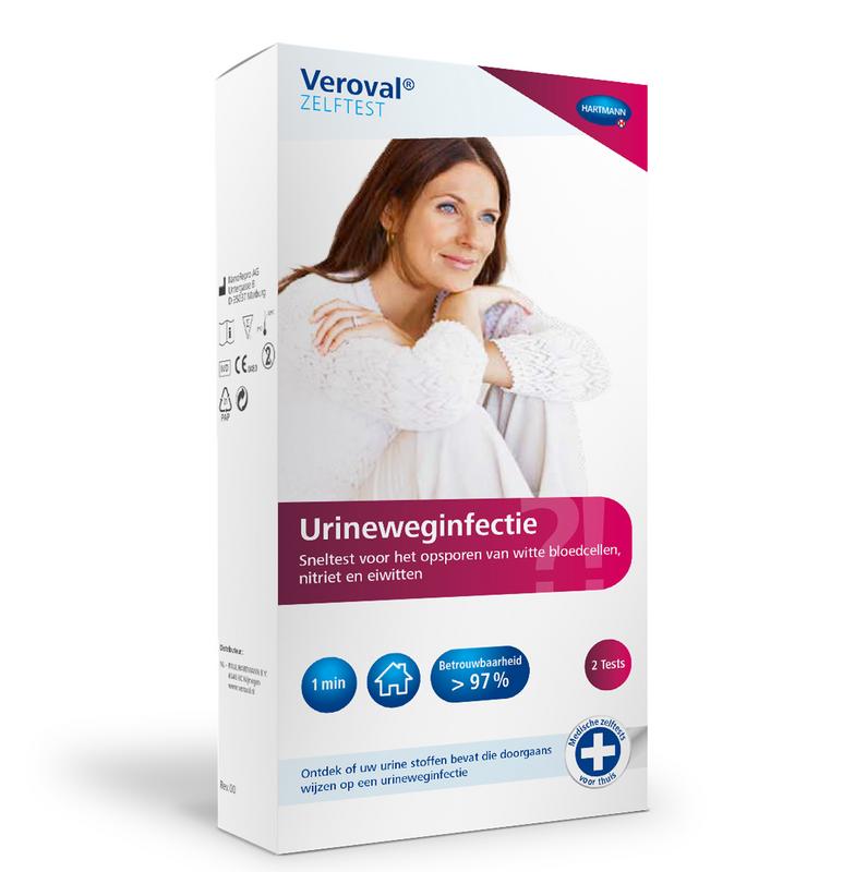 Veroval urineweginfectie zelftest sets, showing two boxes with urine test strips and packaging for infection detection.