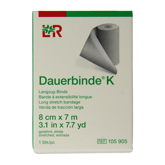 Dauerbinde K elastic zwachtel 7m x 8cm for quick wound compression and support, shown as a sterile medical bandage.