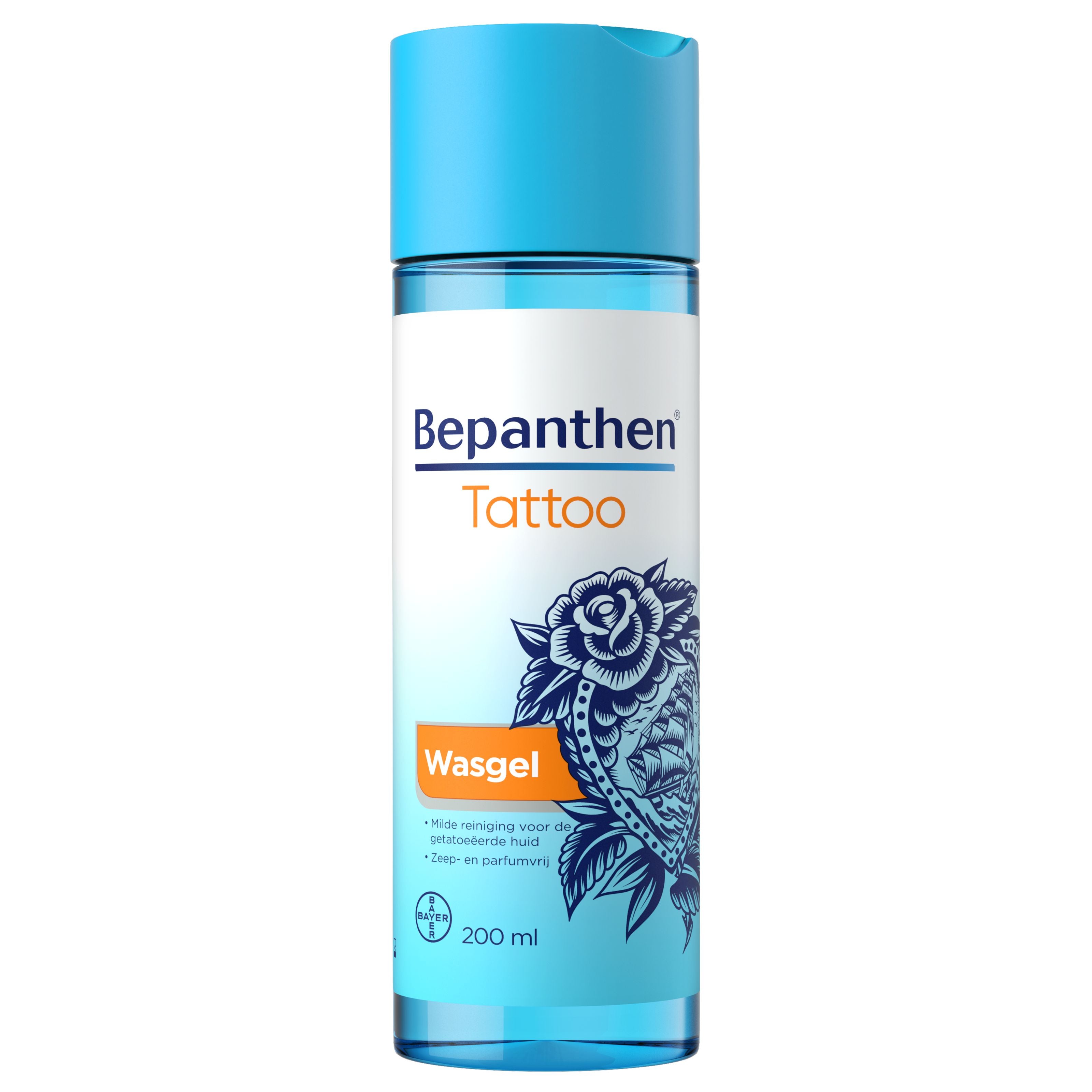 Bepanthen Tattoo Wasgel 200ml, soothing body care gel with gentle formula for tattoo aftercare and skin hydration.