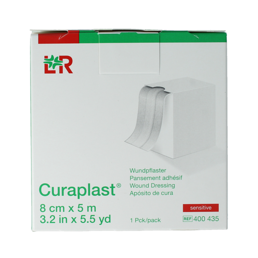 Curaplast Sensitive wound plaster roll 5m x 8cm, adhesive bandage for sensitive skin, shown in the image.