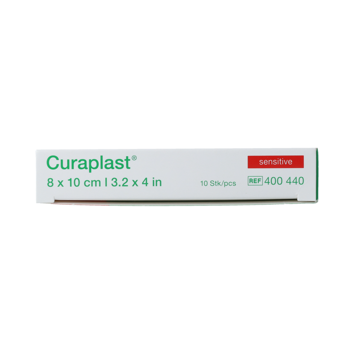 Curaplast Sensitive wound dressing patches, 8cm x 10cm, in a pack of 10, suitable for sensitive skin.
