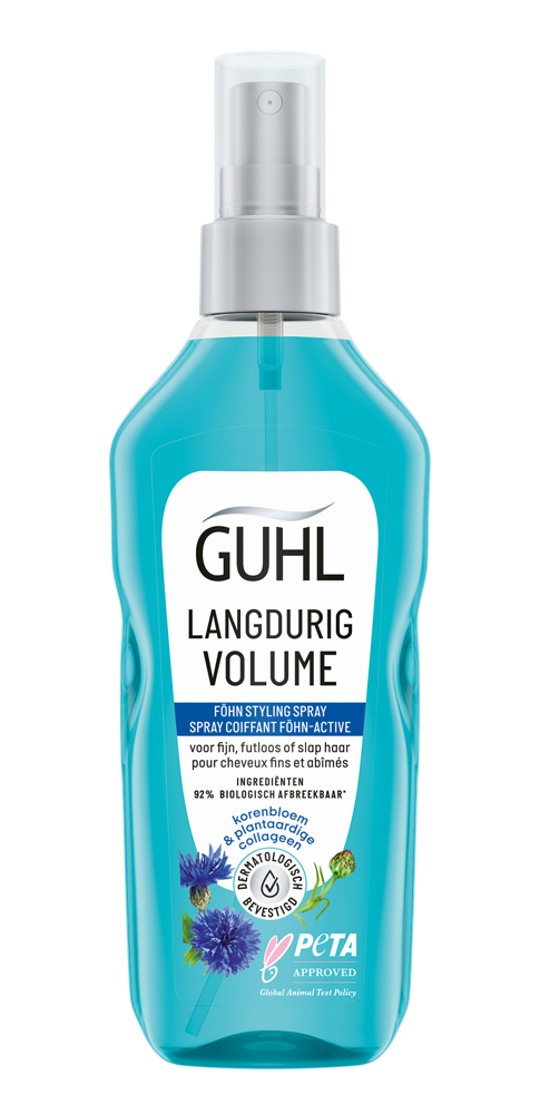 Guhl Langdurig volume haarstyling spray in 150ml bottle, provides long-lasting volume and hold for styled hair.