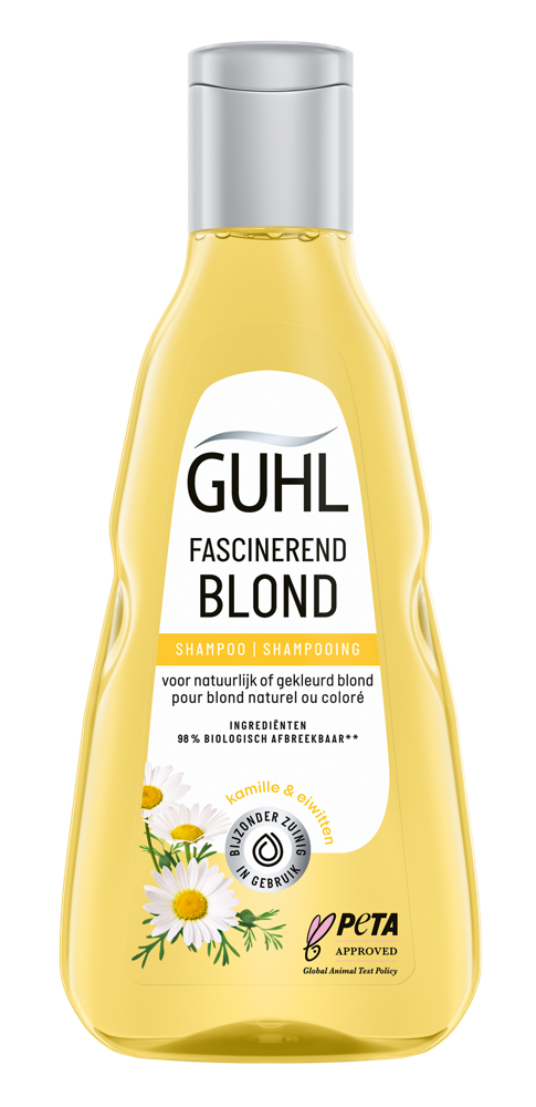 Guhl Fascinerend Blond Shampoo 250ml bottle with sleek design, ideal for blonde hair care, displayed on a plain background.