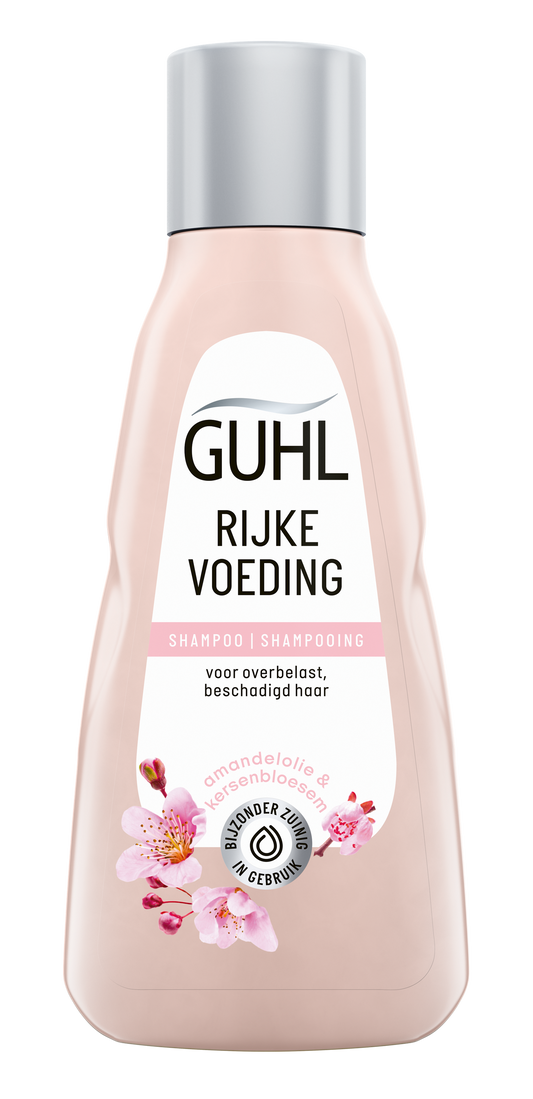 Guhl Rijke Voeding mini shampoo bottle, 50ml, for rich hair nourishment, in a sleek packaging.