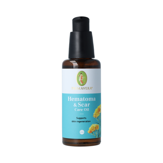 Primavera Hematoma and scar care oil 50ml bottle with natural herbal ingredients and dropper for skin healing and rejuvenation.