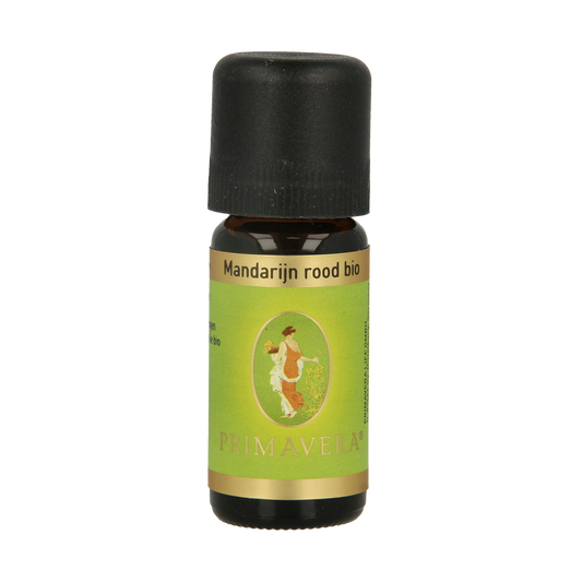 Primavera Mandarijn rood organic essential oil in a 10ml bottle, showcasing the bright orange liquid and label.