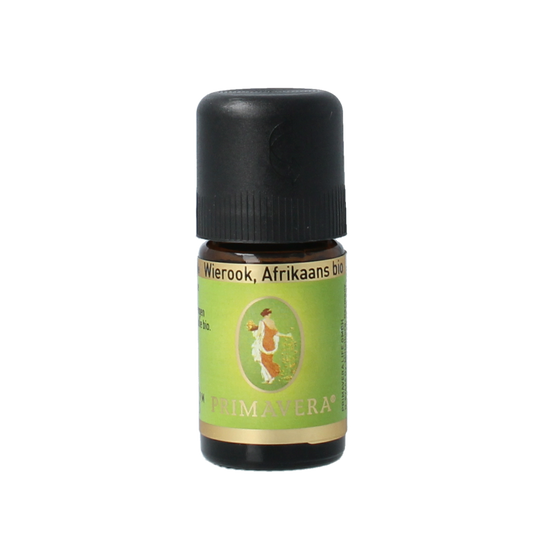 Primavera Afrikaans Wierook essential oil in 5ml bottle, natural ethereal oil with amber color and dropper cap.