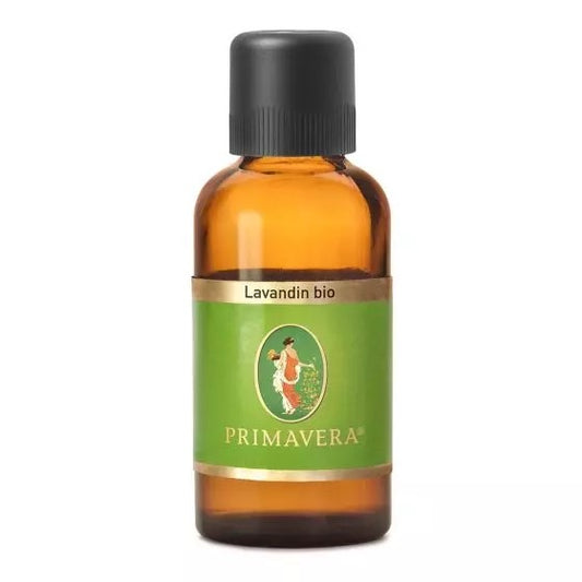 Primavera Lavandin bio essential oil in a 50ml bottle with a clear label and glass dropper.
