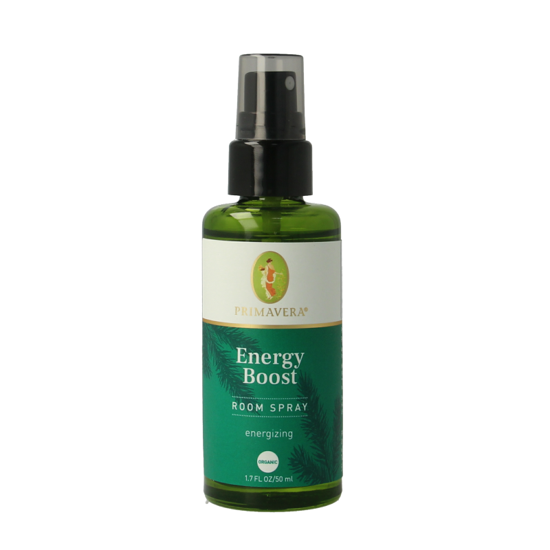 Primavera Roomspray energy boost 50ml bottle with a clear label and spray nozzle, designed to freshen and energize indoor spaces.