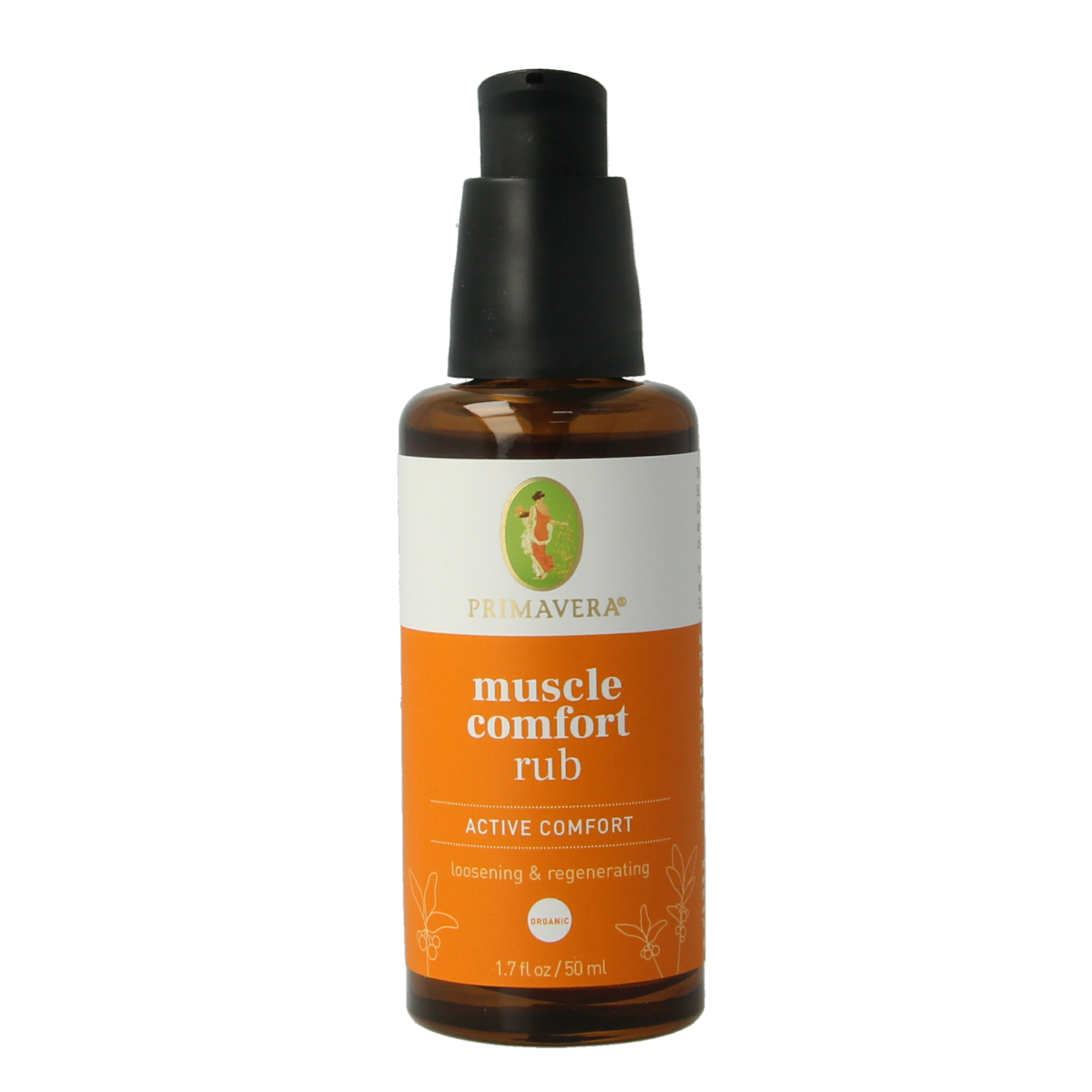 Primavera Muscle Comfort Rub bio 50ml, natural muscle and joint care balm with herbal ingredients, in a white tube.