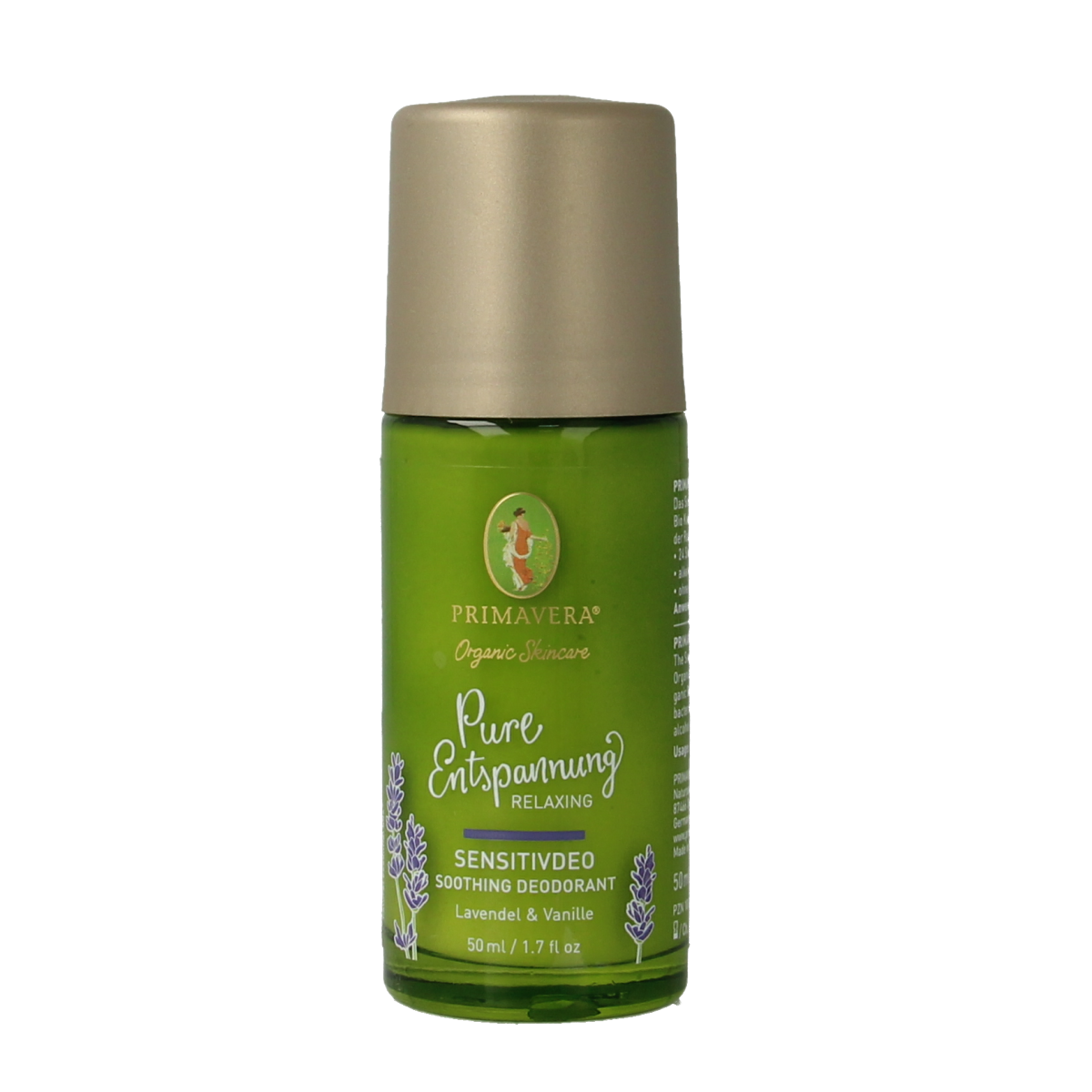 Primavera Relaxing Soothing Deodorant 50ml bottle with soft pastel packaging and applicator tip, designed for gentle scent and freshness.