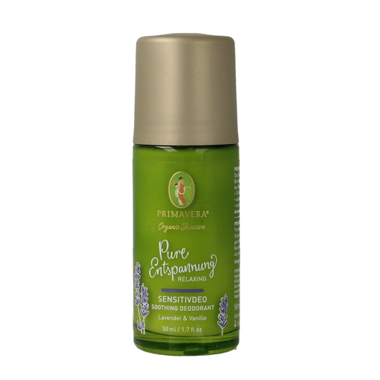 Primavera relaxing soothing deodorant in 50ml bottle, natural deodorant with calming scent, displayed with product label and packaging