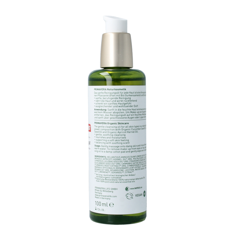 Primavera Cleansing Oil for calming and softening facial skin, 100 milliliters, gentle skincare product with a clear bottle and pump.
