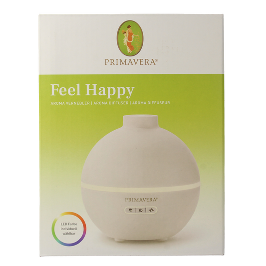 Primavera aroma diffuser with essential oils, showcasing the Feel Happy scent in a clear glass bottle.