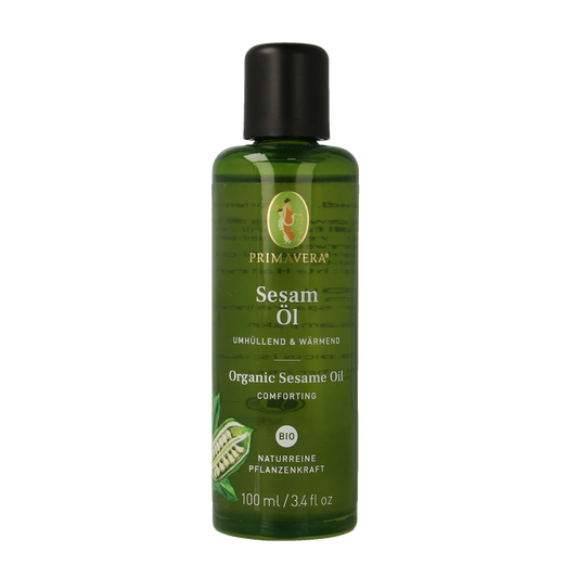 Primavera bio sesamolie voor lichaamsverzorging, 100 ml, in een heldere fles met etiket, geschikt voor huidverzorging.