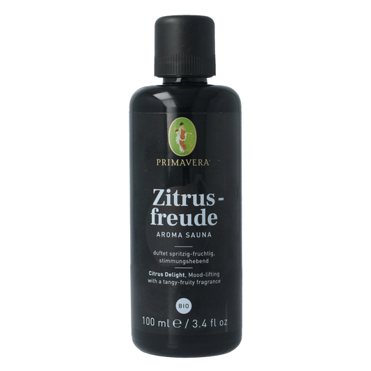 Primavera Citrus Delight Aroma Sauna Bio essential oil in 100ml bottle, featuring fresh citrus scent for relaxing aromatherapy sessions.