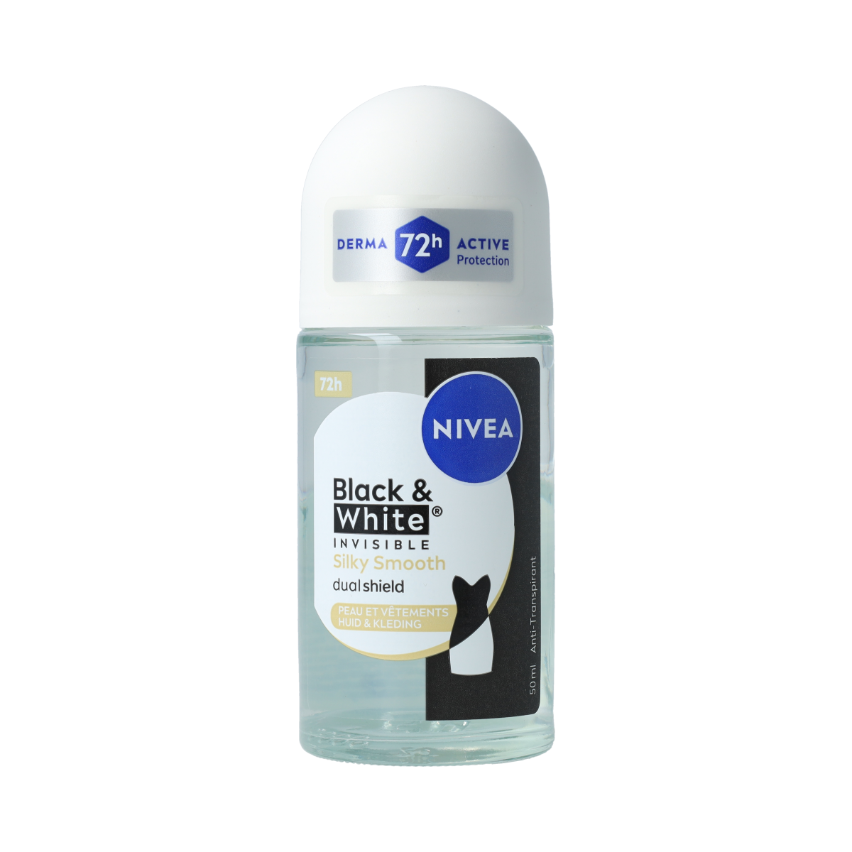 Nivea black & white smooth deodorant roller, 50ml, in black and white packaging with a rounded rollerball applicator.