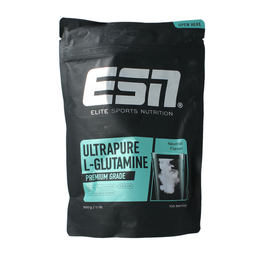 ESN Ultrapure L-glutamine powder in 500g container, showing the amino acids supplement with a white powder inside a clear bag.