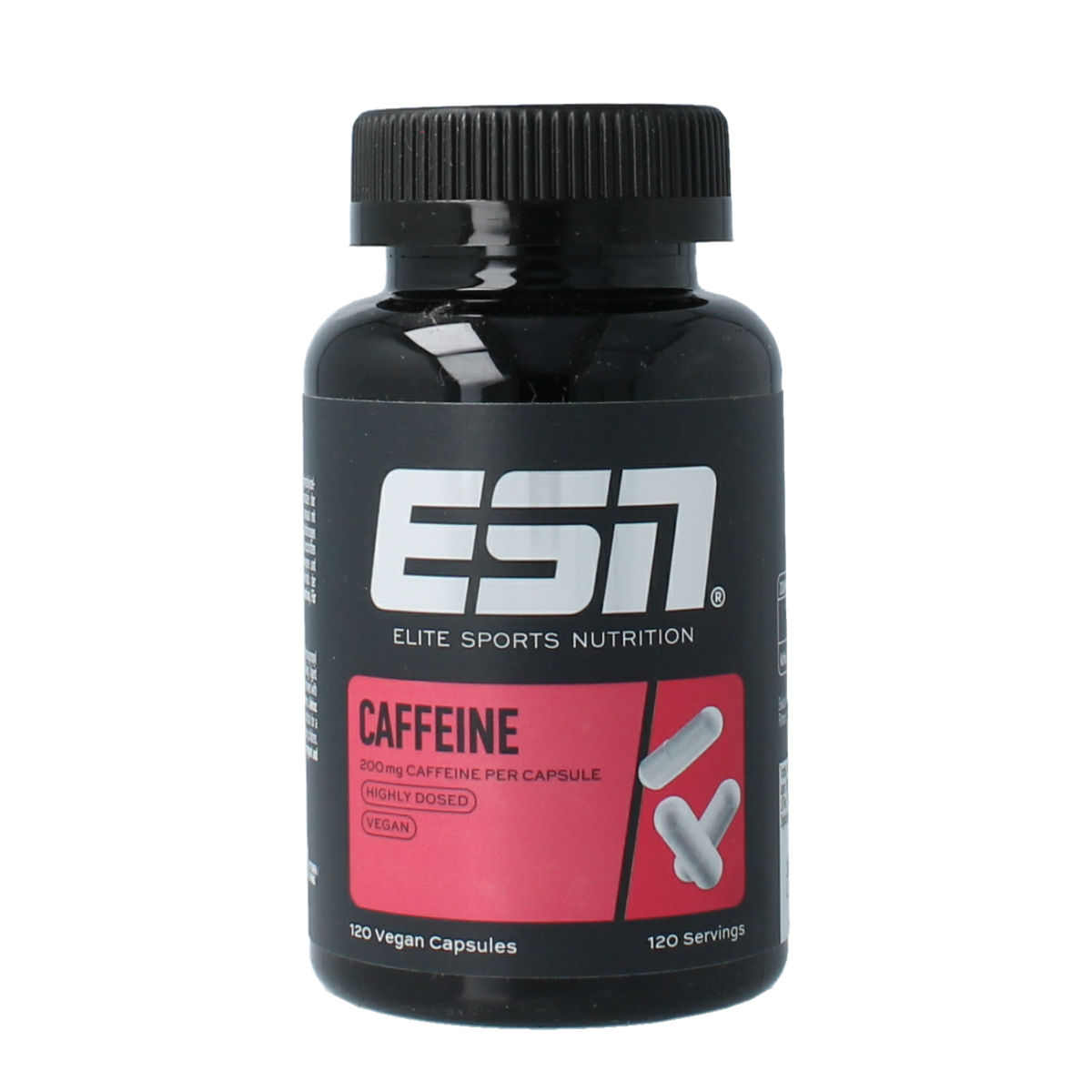 ESN Caffeine capsules, 120-count, dietary supplement in plastic bottle, featuring black capsules for energy and alertness.
