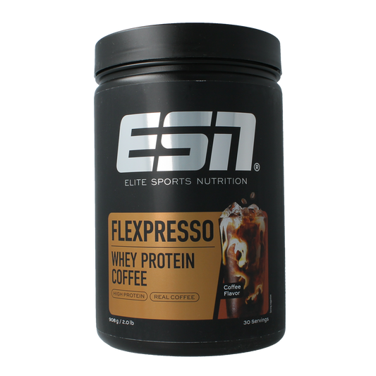 ESN Flexpresso protein coffee in coffee flavor, 908g jar, showing the product container with label and scoop.