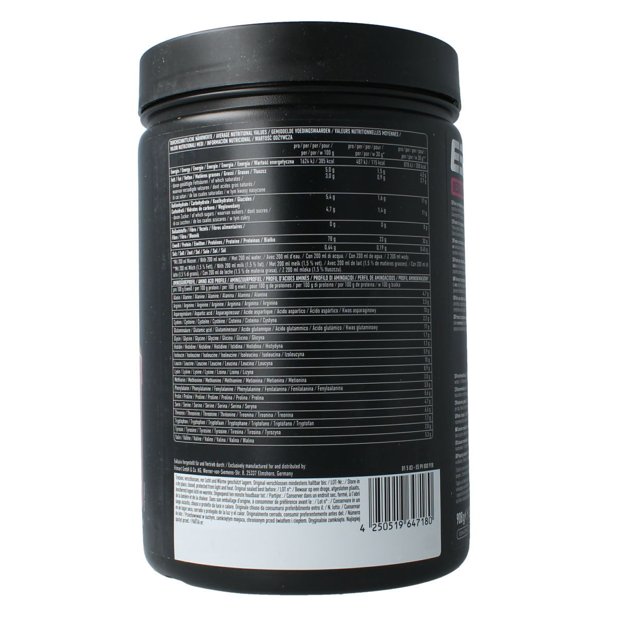 ESN Designer Whey Strawberry Cream amino acids supplement container with label showing product details.