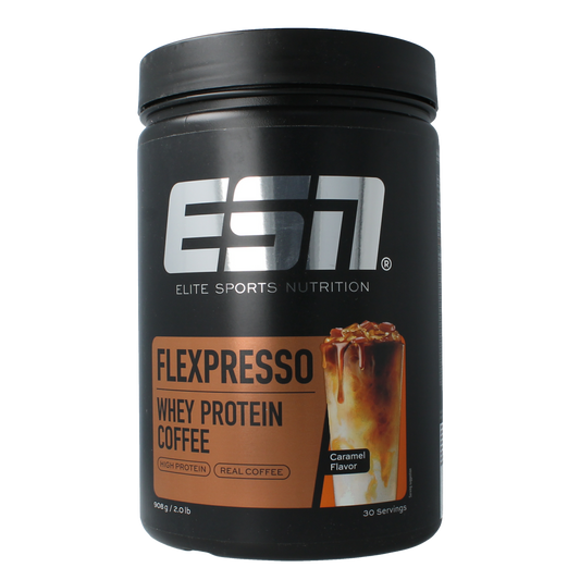 ESN Flexpresso protein coffee in caramel flavor, 908g jar, showcasing the coffee powder with caramel aroma and branding.