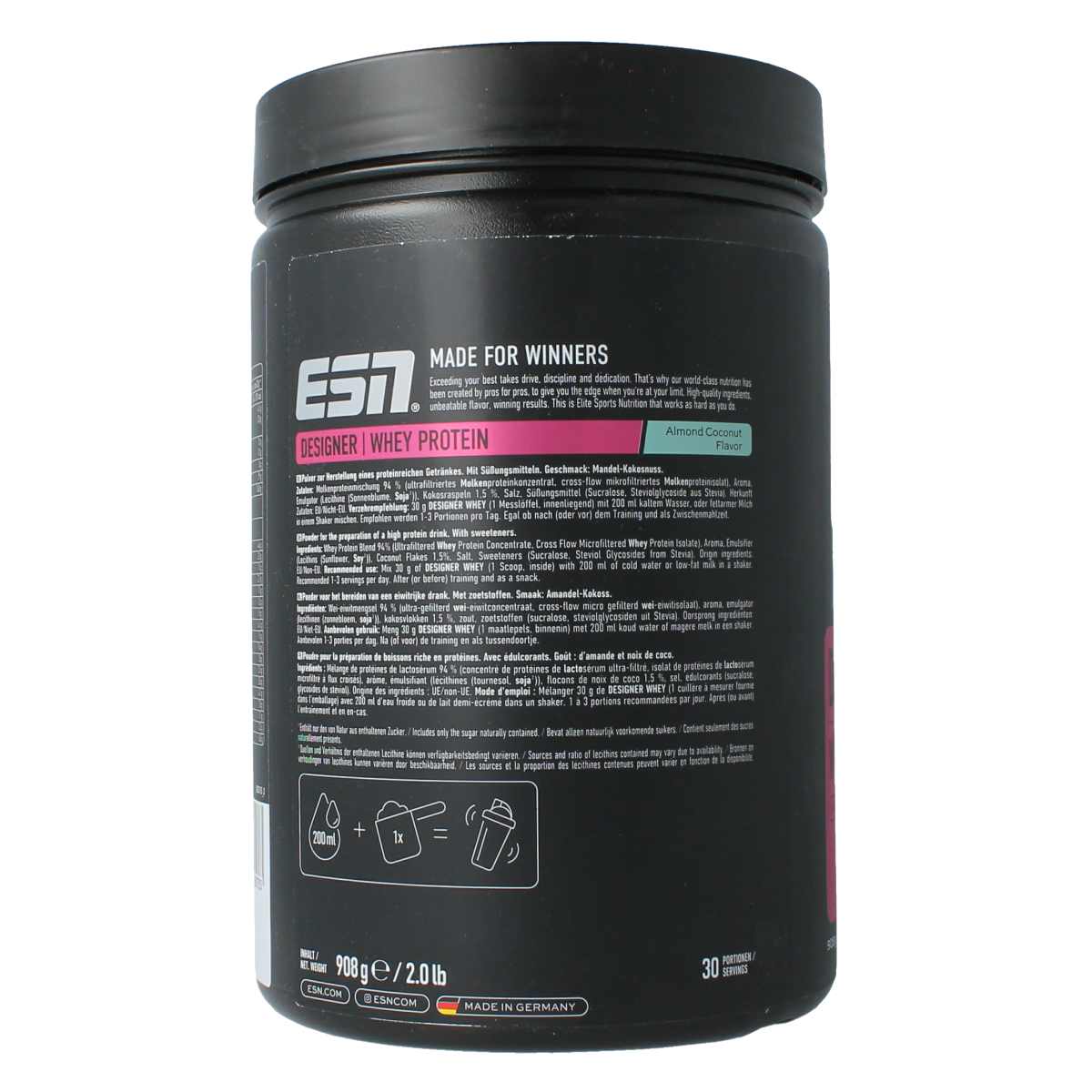 ESN Designer Whey Almond Coconut amino acids supplement in 908g container, featuring almonds and coconut flavor.