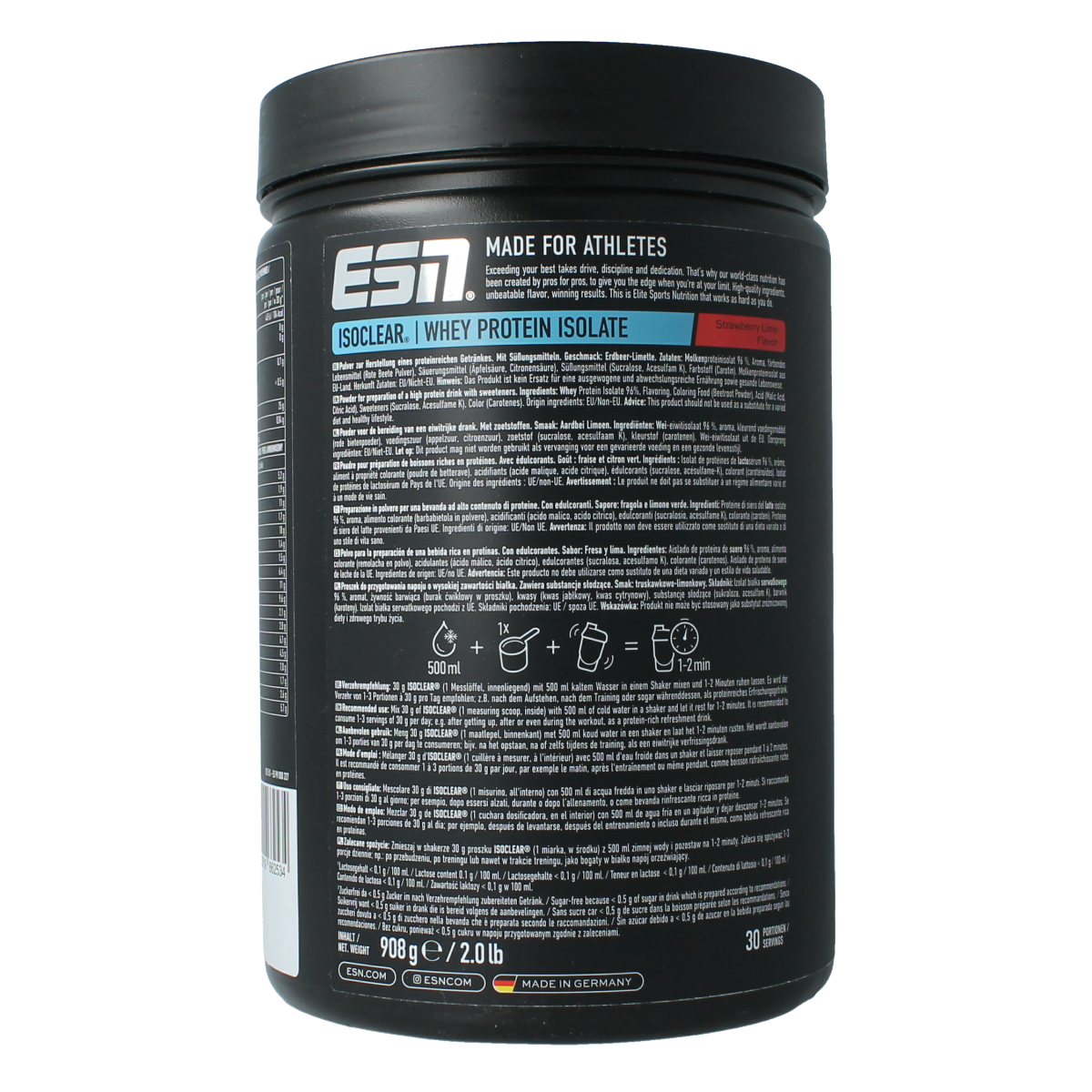 ESN Isoclear whey isolate strawberry lime flavor in 908g sport nutrition container, showing the product packaging and label.