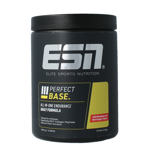ESN Perfect Base Mild Raspberry Red Ginger amino acids supplement in 450g container, featuring raspberry and ginger flavor.