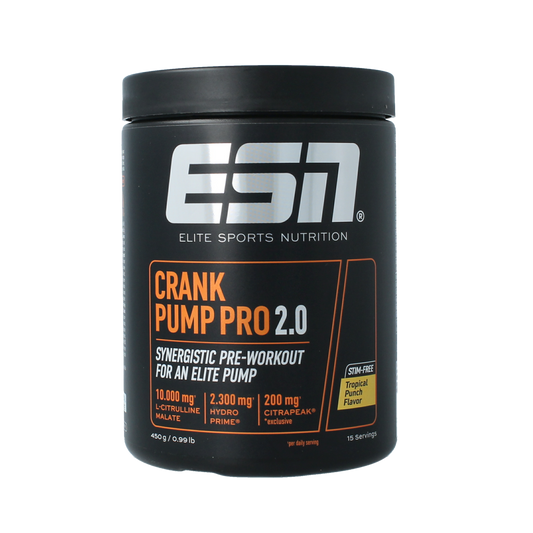 ESN Crank Pump Pro 2.0 Tropical Punch amino acid supplement in a 450g container, featuring vibrant tropical punch flavor.