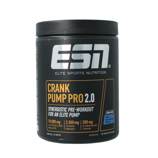 ESN Crank Pump Pro 2.0 blue raspberry amino acids supplement, 450g, in a blue raspberry flavor container