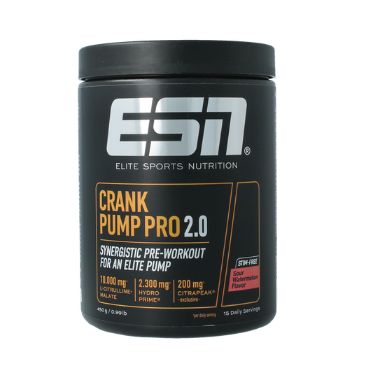 ESN Crank Pump Pro 2.0 sour watermelon amino acids supplement in 450g container with watermelon flavor.