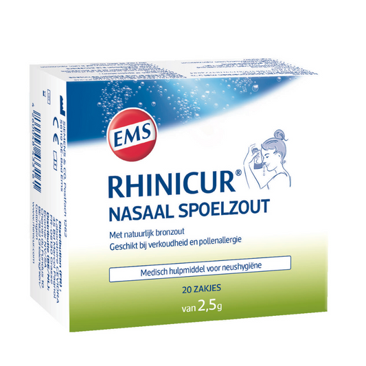 Rhinicur Neus spoelzout 2.5g, 20 packs, nasal care and inhalation product with salt sachets for nasal hygiene.