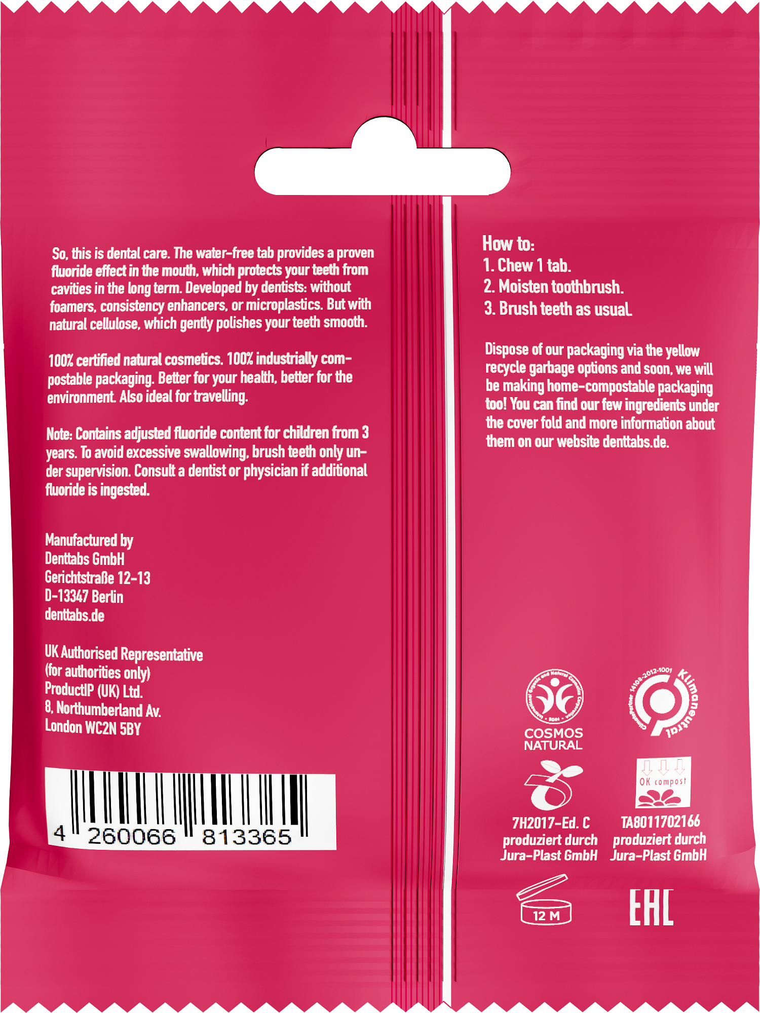 Denttabs Tandpasta tabletten aardbei met fluor vegan 125.00 Stuks
