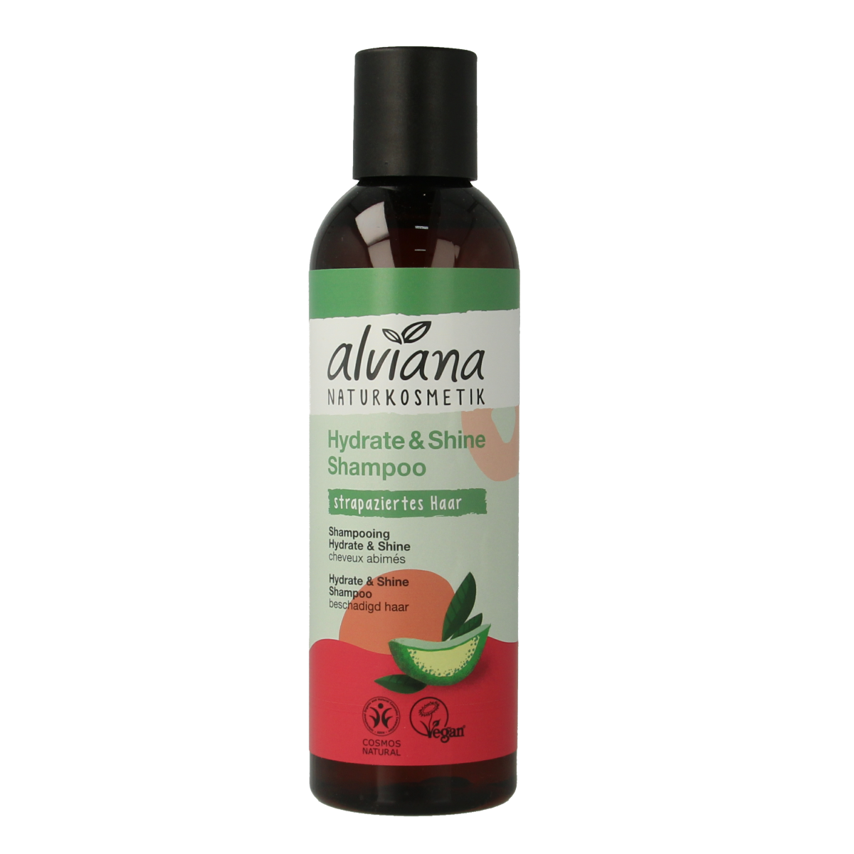 Alviana Hydrate en Shine shampoo for damaged hair, 200ml, in a white bottle with a pump dispenser.