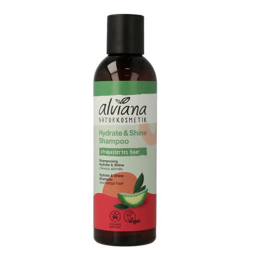 Alviana Hydrate en Shine shampoo for damaged hair, 200ml, with nourishing and brightening formula, shown in a sleek bottle.