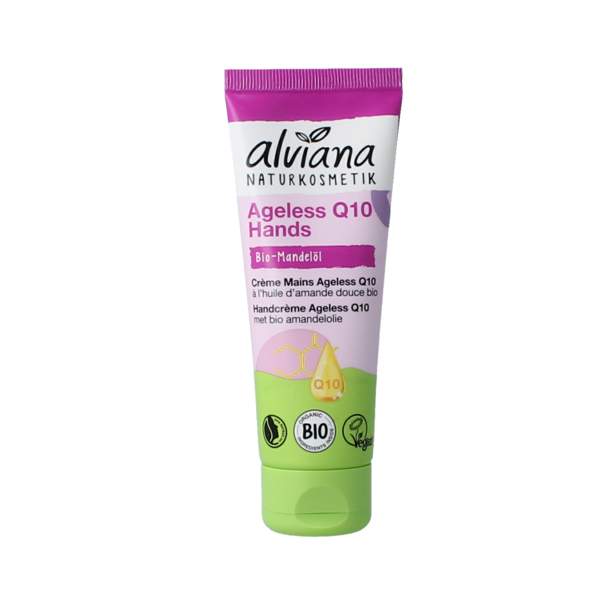 Alviana Ageless Q10 Handcreme in 75ml tube, moisturizing hand care product with anti-aging properties.