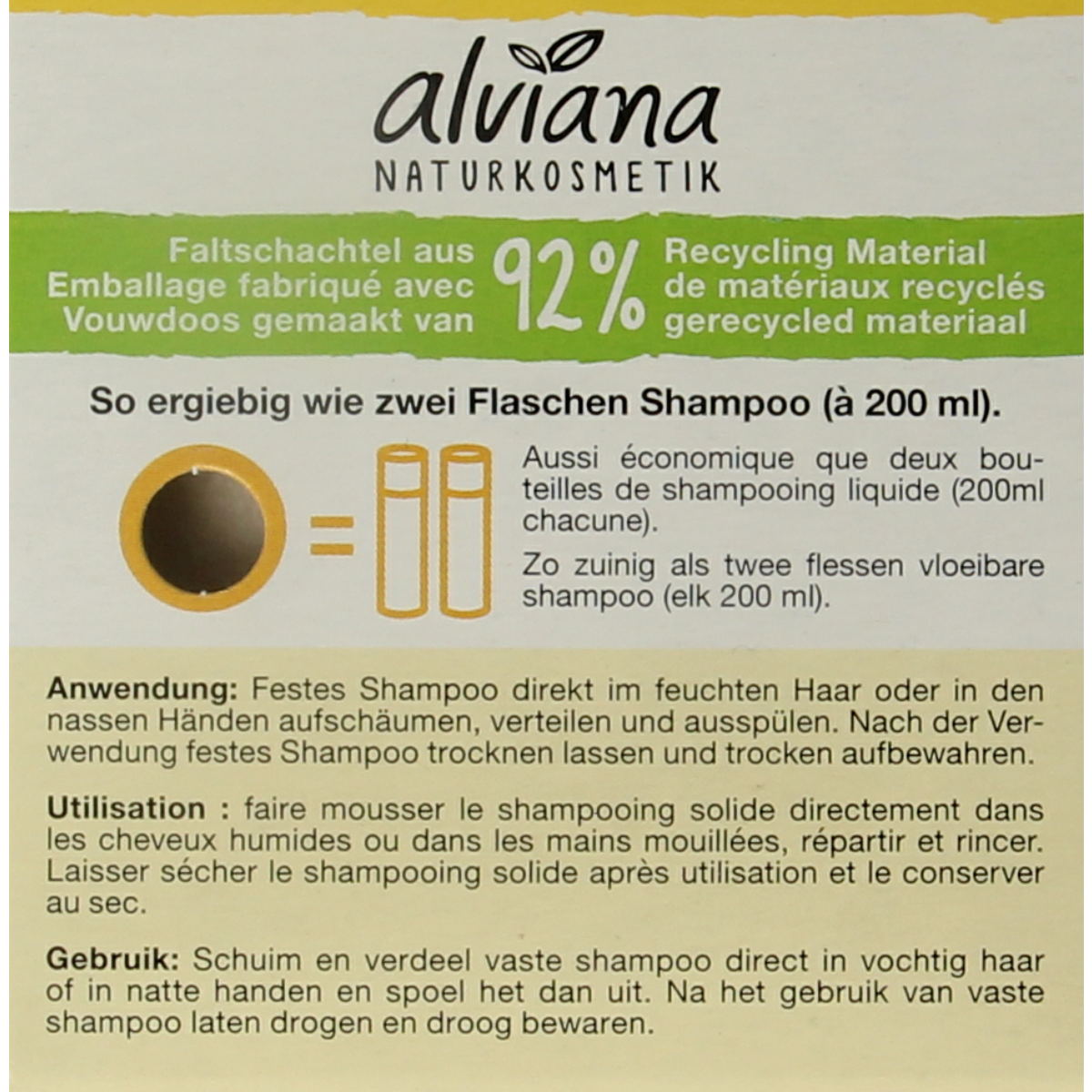 Alviana shampoo bar for normal hair, 60g, natural hair care product with a white and green packaging design.