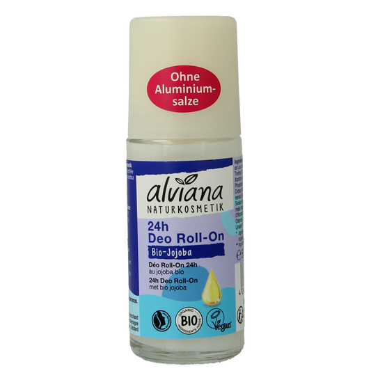 Alviana organic jojoba deodorant roll-on bottle, 50ml, natural skincare product with a clear roll-on applicator.