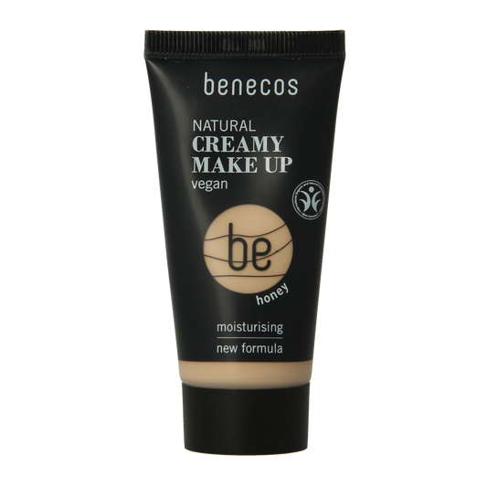 Benecos Natural Beauty creamy vegan foundation in honey shade, 30ml bottle with smooth makeup application