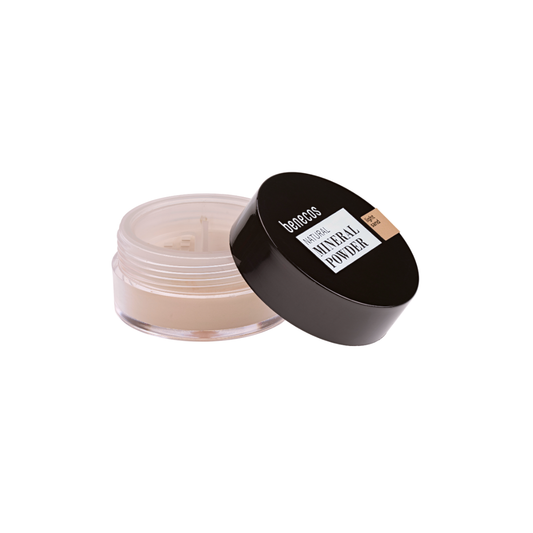 Benecos Natural Beauty loose mineral powder in Light Sand, 6g, with open container showing fine beige makeup powder.