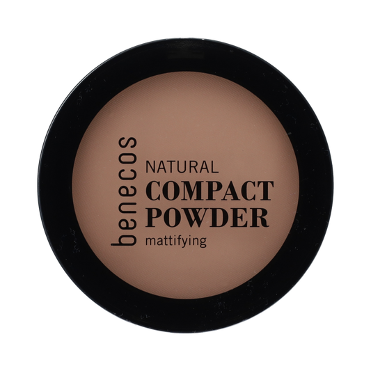 Benecos Natural Beauty compact powder in porcelain shade, 9g, with open compact showing pressed powder for makeup application.