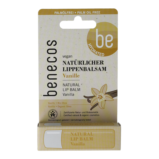 Benecos Natural Beauty vanilla lip balm in box, moisturizing lip care product with natural ingredients in a sleek packaging.