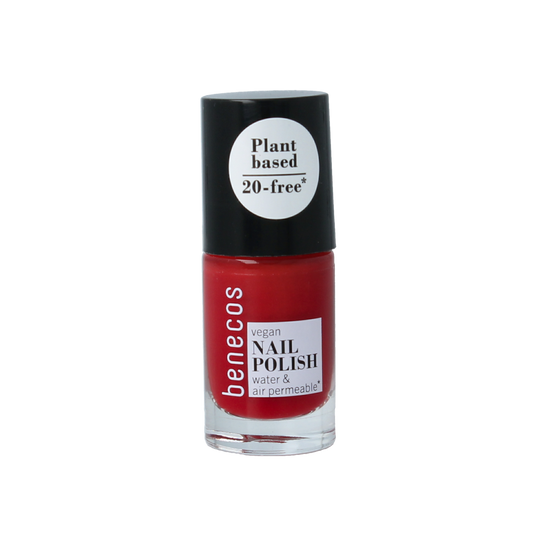 Benecos Natural Beauty vegan nail polish in vintage red, 20-free, plant-based makeup product, 5ml bottle with red nail polish