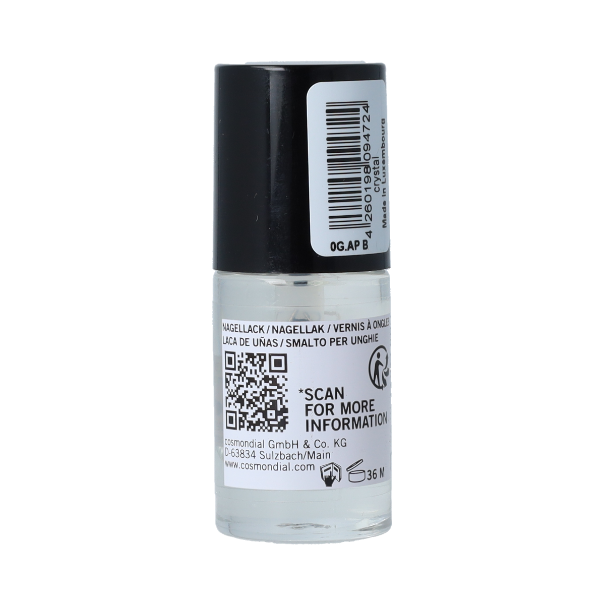 Benecos Natural Beauty vegan nail polish in crystal shade, 20-free, plant-based makeup, 5ml bottle with colorful polish on nails