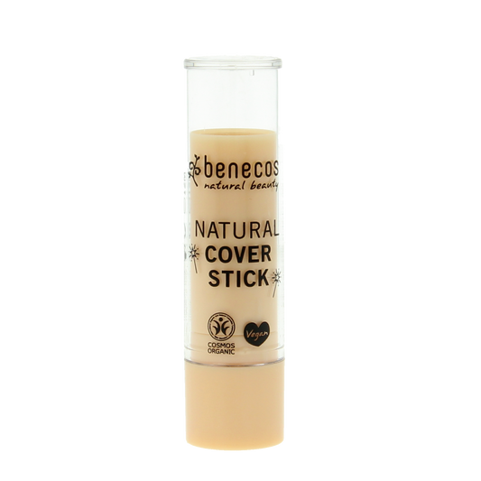 Benecos Natural Beauty coverstick in beige 1.00, featuring a makeup product with the stick partially extended and the packaging visible.
